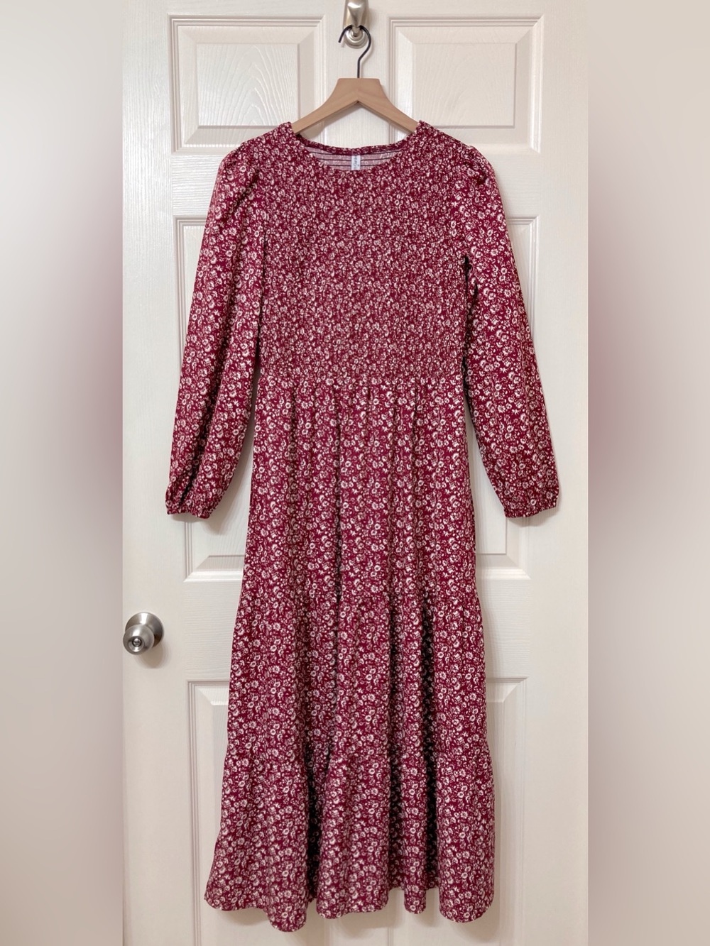 Pretty Garden Burgundy Floral Smocked Long Sleeve Midi Dress Medium Boho Fall